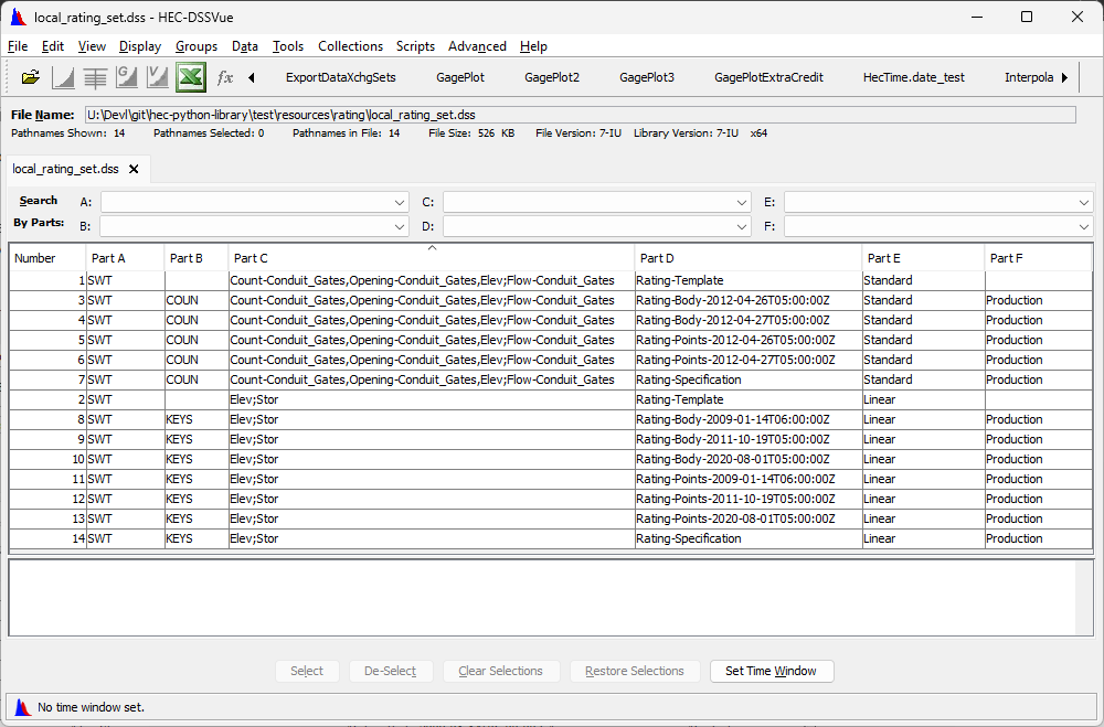 Expandalbe image of HEC-DSSVue showing a catalog of rating set pathnames